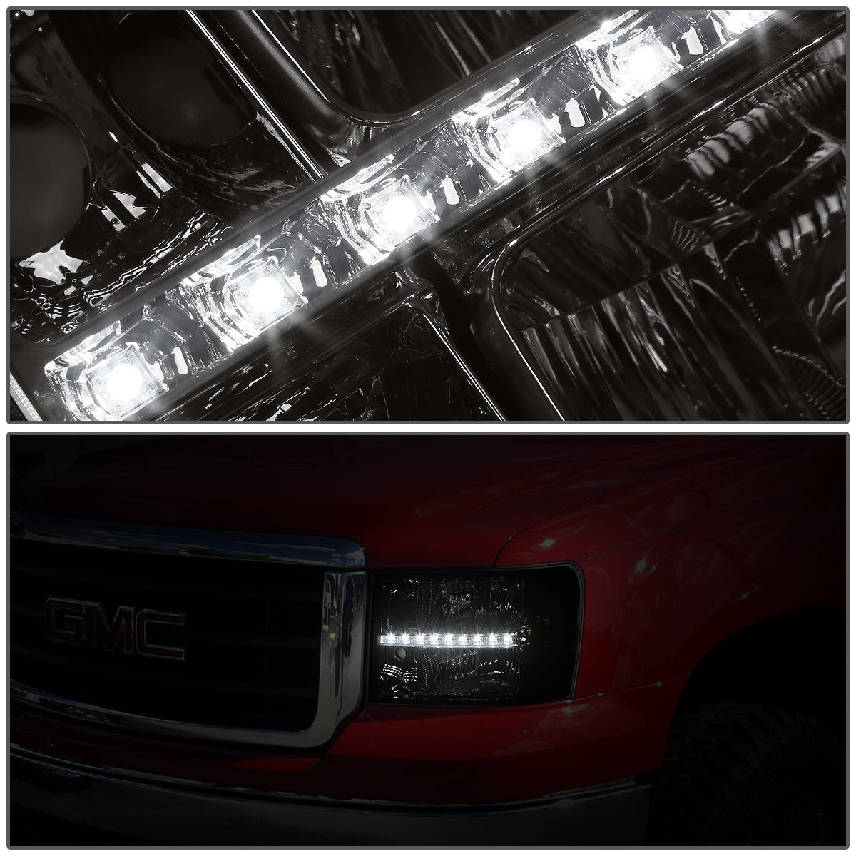 FAROS 07-13 GMC SIERRA 1500 / 07-14 GMC SIERRA 2500 , 3500 2/4-DOOR - LED DRL - SMOKE HOUSING / AMBER CORNER - H11 LOW BEAM / 9005 HIGH BEAM
