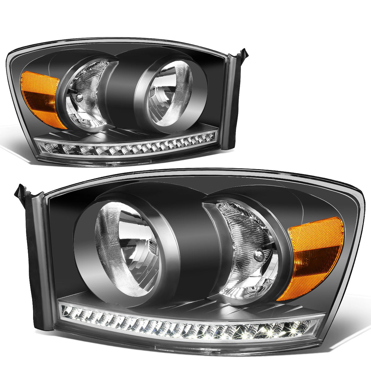 FAROS 06-08 DODGE RAM 1500 / 06-09 DODGE RAM 2500 , 3500 - FITS MODELS WITH HALOGEN HEADLAMPS ONLY - LED DRL - BLACK HOUSING / AMBER CORNER - H13 LOW BEAM / H13 HIGH BEAM