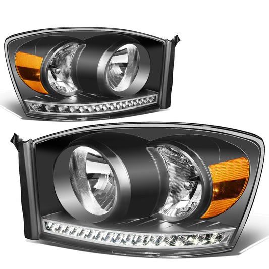 FAROS 06-08 DODGE RAM 1500 / 06-09 DODGE RAM 2500 , 3500 - FITS MODELS WITH HALOGEN HEADLAMPS ONLY - LED DRL - BLACK HOUSING / AMBER CORNER - H13 LOW BEAM / H13 HIGH BEAM