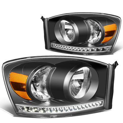 FAROS 06-08 DODGE RAM 1500 / 06-09 DODGE RAM 2500 , 3500 - FITS MODELS WITH HALOGEN HEADLAMPS ONLY - LED DRL - BLACK HOUSING / AMBER CORNER - H13 LOW BEAM / H13 HIGH BEAM