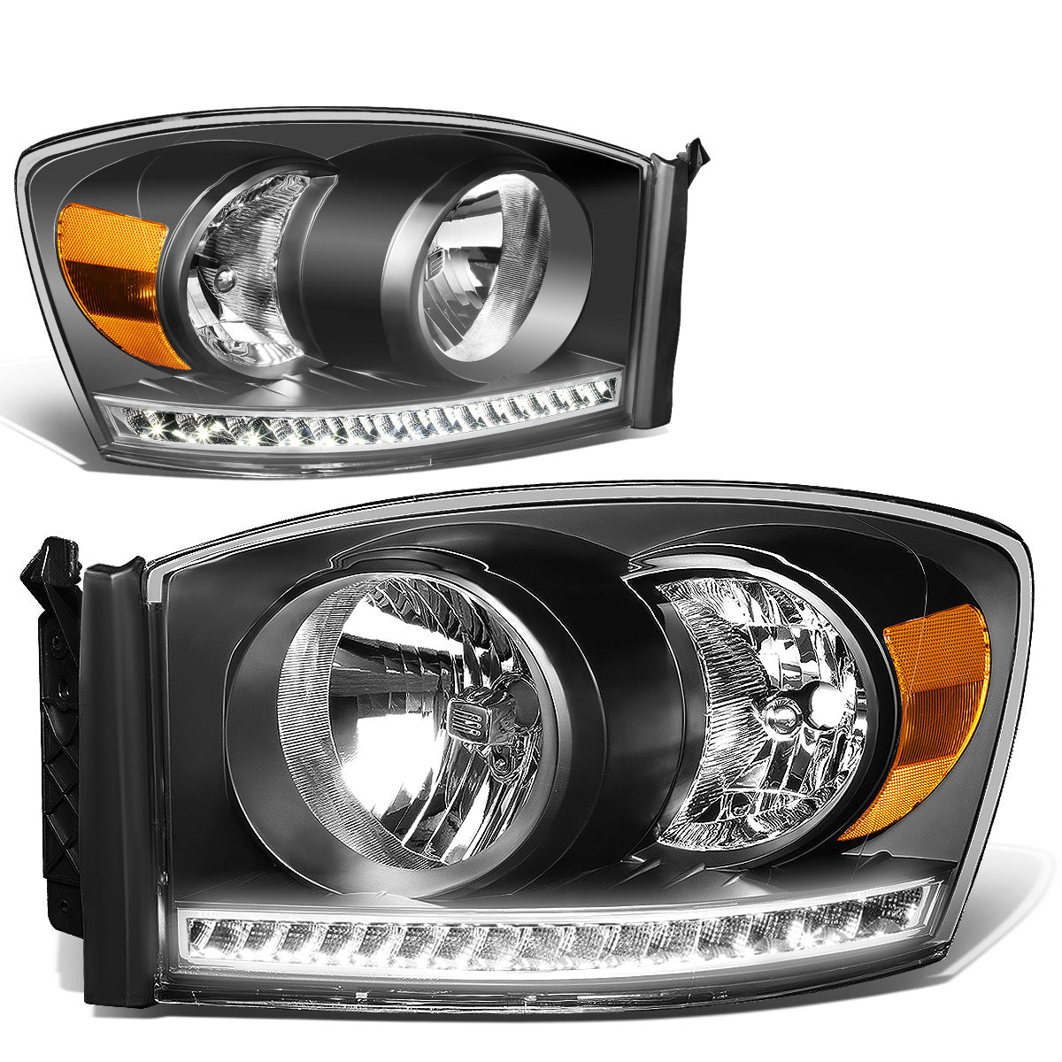 FAROS 06-08 DODGE RAM 1500 / 06-09 DODGE RAM 2500 , 3500 - FITS MODELS WITH HALOGEN HEADLAMPS ONLY - LED DRL - BLACK HOUSING / AMBER CORNER - H13 LOW BEAM / H13 HIGH BEAM