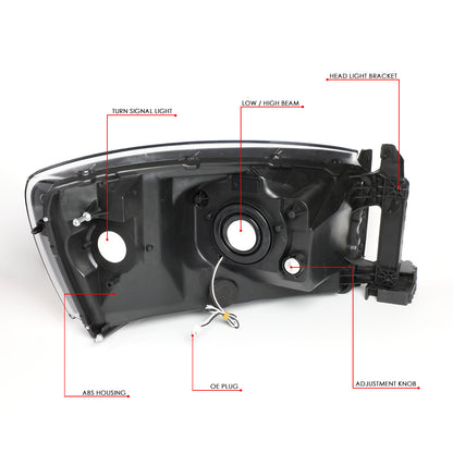 FAROS 06-08 DODGE RAM 1500 / 06-09 DODGE RAM 2500 , 3500 - FITS MODELS WITH HALOGEN HEADLAMPS ONLY - LED DRL - BLACK HOUSING / AMBER CORNER - H13 LOW BEAM / H13 HIGH BEAM