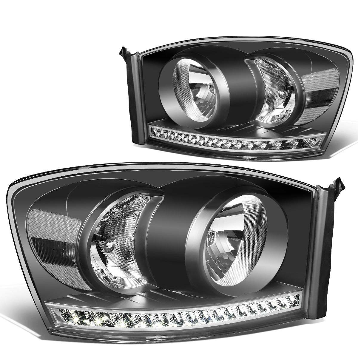 FAROS 06-08 DODGE RAM 1500 / 06-09 DODGE RAM 2500 , 3500 - FITS MODELS WITH HALOGEN HEADLAMPS ONLY - LED DRL - BLACK HOUSING / CLEAR CORNER - H13 LOW BEAM / H13 HIGH BEAM