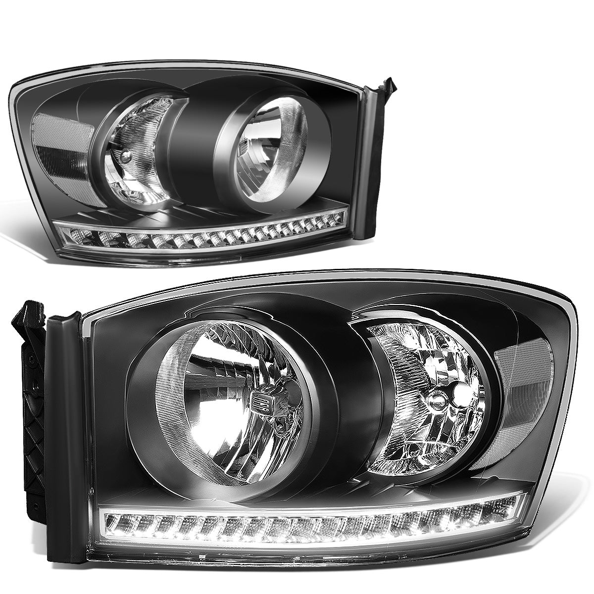 FAROS 06-08 DODGE RAM 1500 / 06-09 DODGE RAM 2500 , 3500 - FITS MODELS WITH HALOGEN HEADLAMPS ONLY - LED DRL - BLACK HOUSING / CLEAR CORNER - H13 LOW BEAM / H13 HIGH BEAM