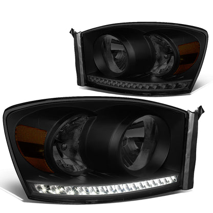 FAROS 06-08 DODGE RAM 1500 / 06-09 DODGE RAM 2500 , 3500 - FITS MODELS WITH HALOGEN HEADLAMPS ONLY - LED DRL - BLACK HOUSING / SMOKE LENS / AMBER CORNER - H13 LOW BEAM / H13 HIGH BEAM