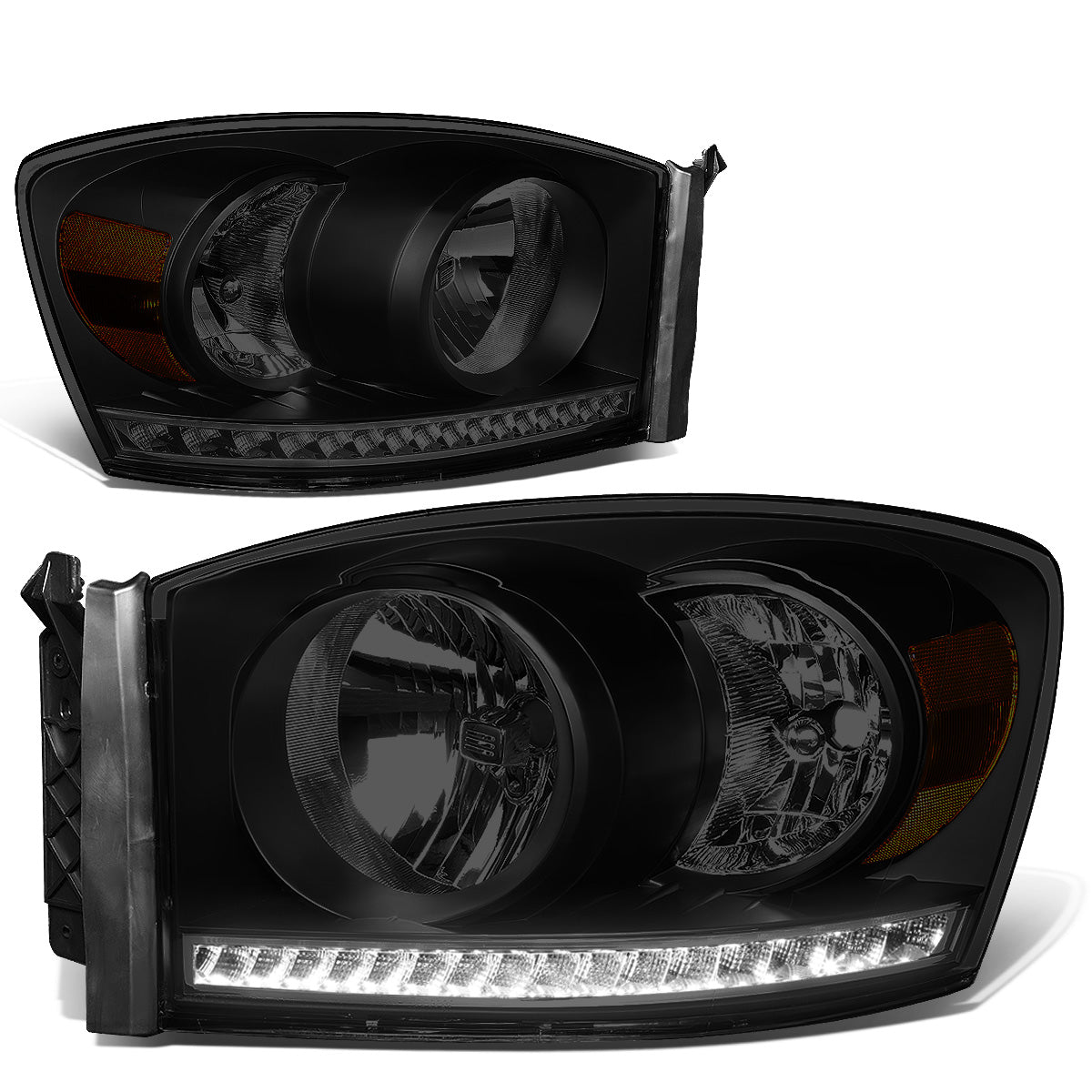 FAROS 06-08 DODGE RAM 1500 / 06-09 DODGE RAM 2500 , 3500 - FITS MODELS WITH HALOGEN HEADLAMPS ONLY - LED DRL - BLACK HOUSING / SMOKE LENS / AMBER CORNER - H13 LOW BEAM / H13 HIGH BEAM