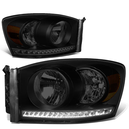 FAROS 06-08 DODGE RAM 1500 / 06-09 DODGE RAM 2500 , 3500 - FITS MODELS WITH HALOGEN HEADLAMPS ONLY - LED DRL - BLACK HOUSING / SMOKE LENS / AMBER CORNER - H13 LOW BEAM / H13 HIGH BEAM