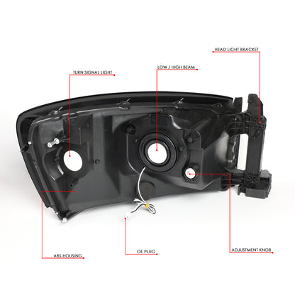 FAROS 06-08 DODGE RAM 1500 / 06-09 DODGE RAM 2500 , 3500 - FITS MODELS WITH HALOGEN HEADLAMPS ONLY - LED DRL - BLACK HOUSING / SMOKE LENS / AMBER CORNER - H13 LOW BEAM / H13 HIGH BEAM