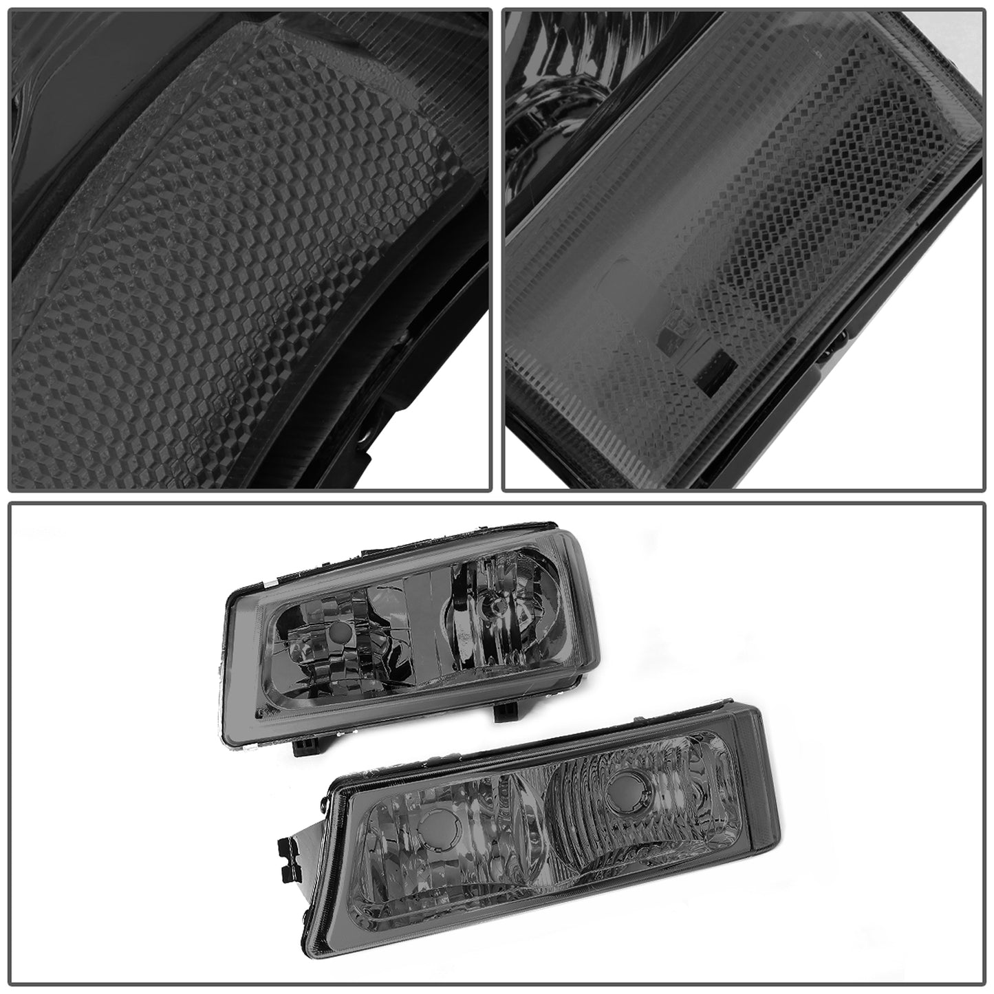 FAROS 03-04 CHEVY SILVERADO 2500 / 03-06 CHEVY AVALANCHE 1500 , 2500 / 03-06 CHEVY SILVERADO 1500 , 1500HD , 2500HD , 3500 2/4-DOOR - FITS MODELS WITHOUT FACTORY CLADDING ONLY - 4PC - SMOKE HOUSING / CLEAR CORNER - 9006 LOW BEAM / 9005 HIGH BEAM