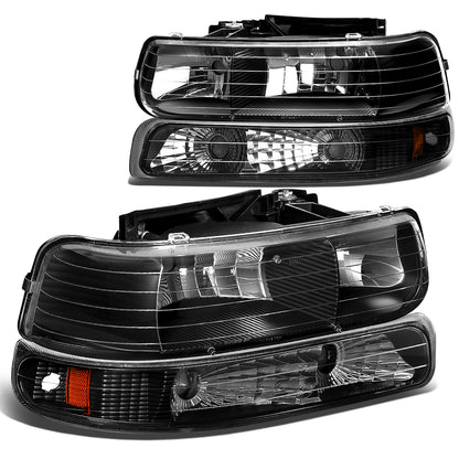 FAROS 99-02 CHEVY SILVERADO 1500 , 2500 / 00-06 CHEVY SUBURBAN 1500 , 2500 , TAHOE / 01-02 CHEVY SILVERADO 1500 HD , 2500 HD , 3500 HD 2/4-DOOR - 4PC - BLACK HOUSING / AMBER CORNER - 9006 LOW BEAM / HIGH BEAM