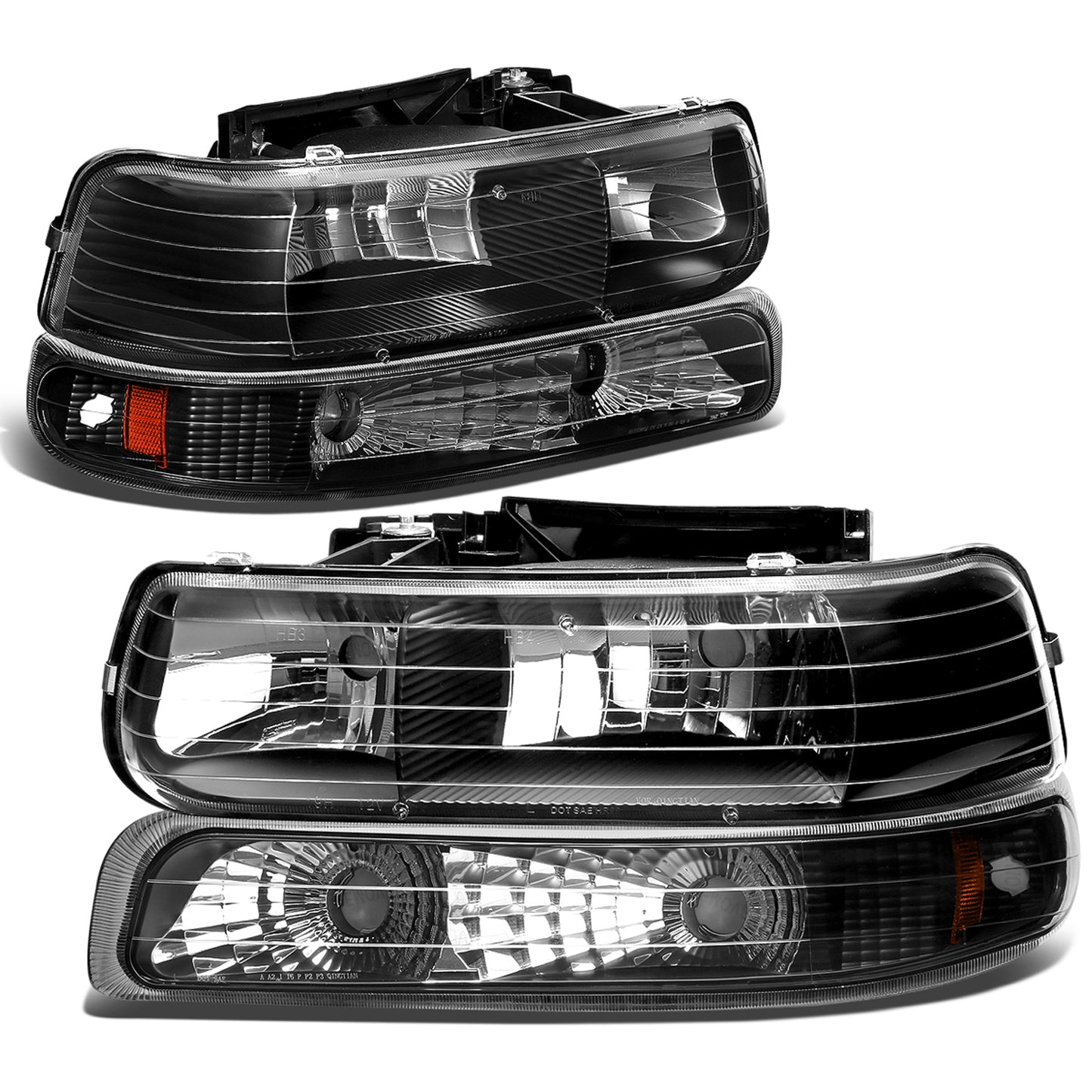 FAROS 99-02 CHEVY SILVERADO 1500 , 2500 / 00-06 CHEVY SUBURBAN 1500 , 2500 , TAHOE / 01-02 CHEVY SILVERADO 1500 HD , 2500 HD , 3500 HD 2/4-DOOR - 4PC - BLACK HOUSING / AMBER CORNER - 9006 LOW BEAM / HIGH BEAM