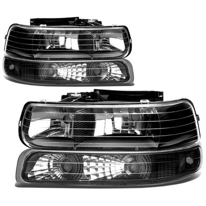 FAROS 99-02 CHEVY SILVERADO 1500 , 2500 / 00-06 CHEVY SUBURBAN 1500 , 2500 , TAHOE / 01-02 CHEVY SILVERADO 1500 HD , 2500 HD , 3500 HD 2/4-DOOR - 4PC - BLACK HOUSING / CLEAR CORNER - 9006 LOW BEAM / HIGH BEAMDLIGHTS - 99-02 CHEVY SILVERADO 1500 ,