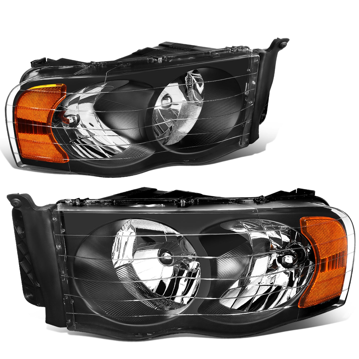 FAROS 02-05 DODGE RAM 1500 / 03-05 RAM 2500 , 3500 2/4-DOOR - BLACK HOUSING / AMBER CORNER - 9007 LOW BEAM / HIGH BEAM