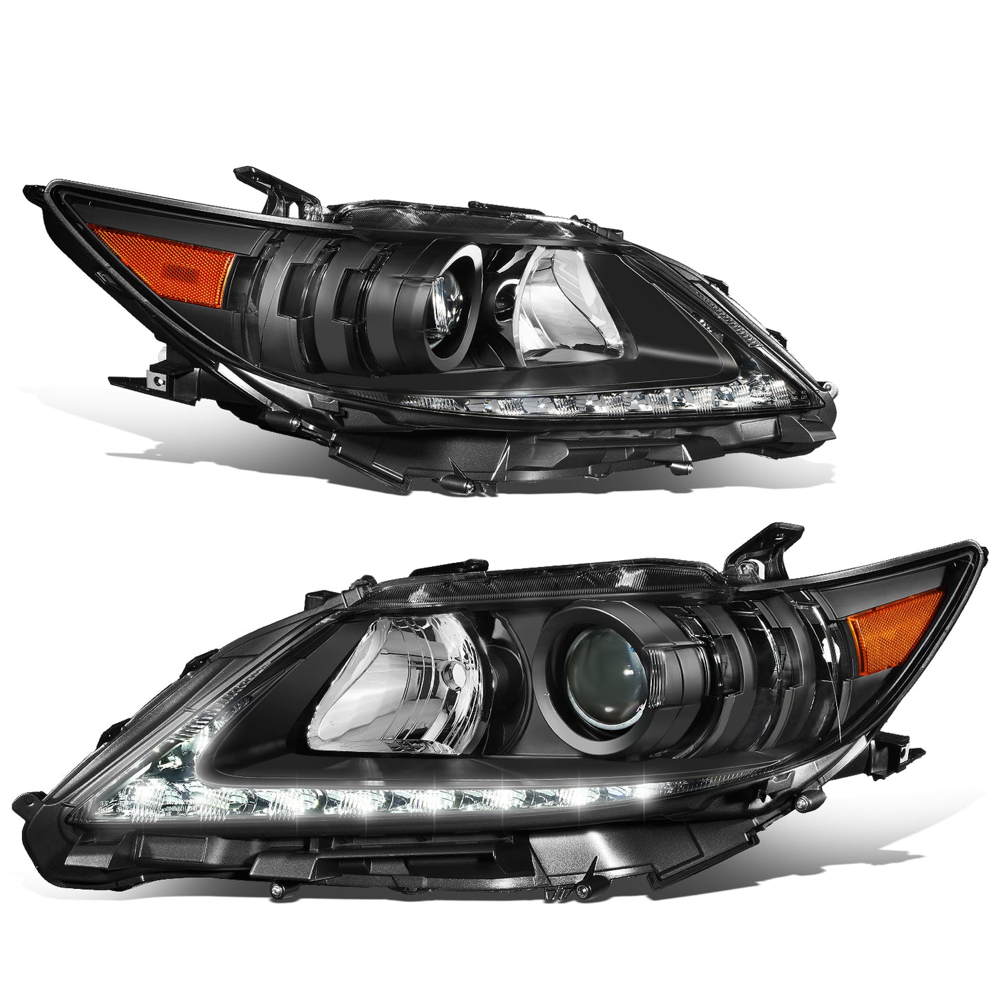 FAROS 13-15 LEXUS ES300H / 13-15 LEXUS ES350 - FITS MODELS WITH HALOGEN HEADLIGHTS ONLY - DOES NOT FIT FACTORY HID EQUIPPED MODELS - H11 LOW BEAM / 9005 HIGH BEAM / 7444NA TURN SIGNAL / 168 SIDE MARKER - BLACK HOUSING / AMBER CORNER