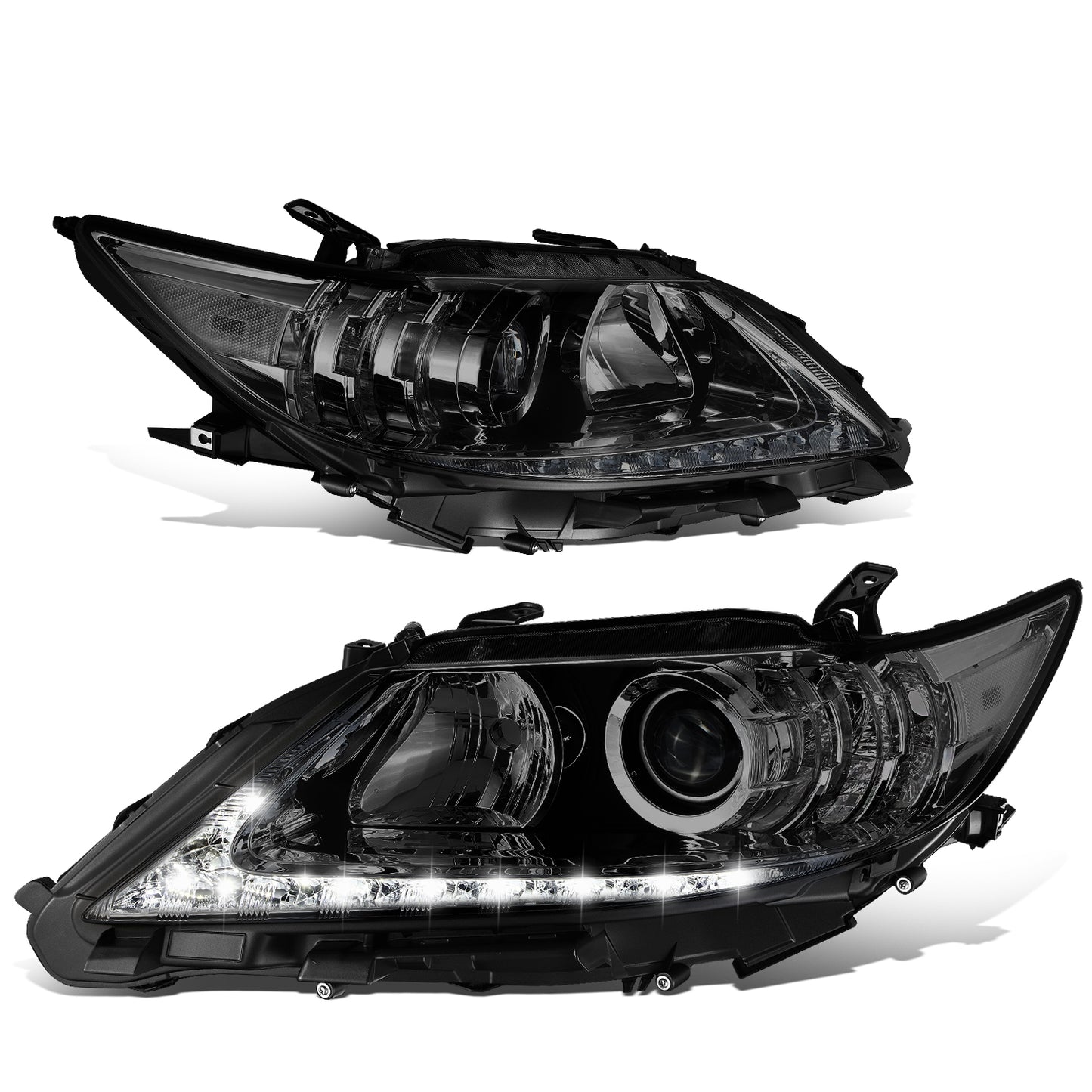 FAROS 13-15 LEXUS ES300H / 13-15 LEXUS ES350 - FITS MODELS WITH HALOGEN HEADLIGHTS ONLY - DOES NOT FIT FACTORY HID EQUIPPED MODELS - H11 LOW BEAM / 9005 HIGH BEAM / 7444NA TURN SIGNAL / 168 SIDE MARKER - CHROME HOUSING / SMOKED LENS / AMBER CORNER