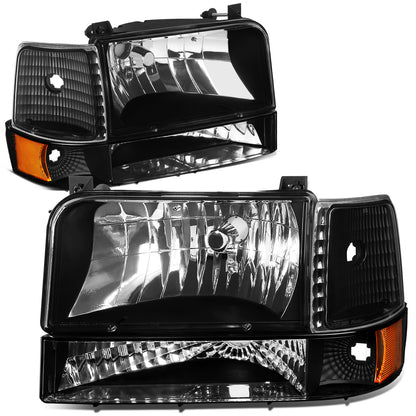 FAROS 92-96 FORD F-150, F-250, F-350, BRONCO 2/4-DR - 6PC - 9007 LOW BEAM / HIGH BEAM - 3157A TURN SIGNAL - BLACK HOUSING / AMBER CORNER