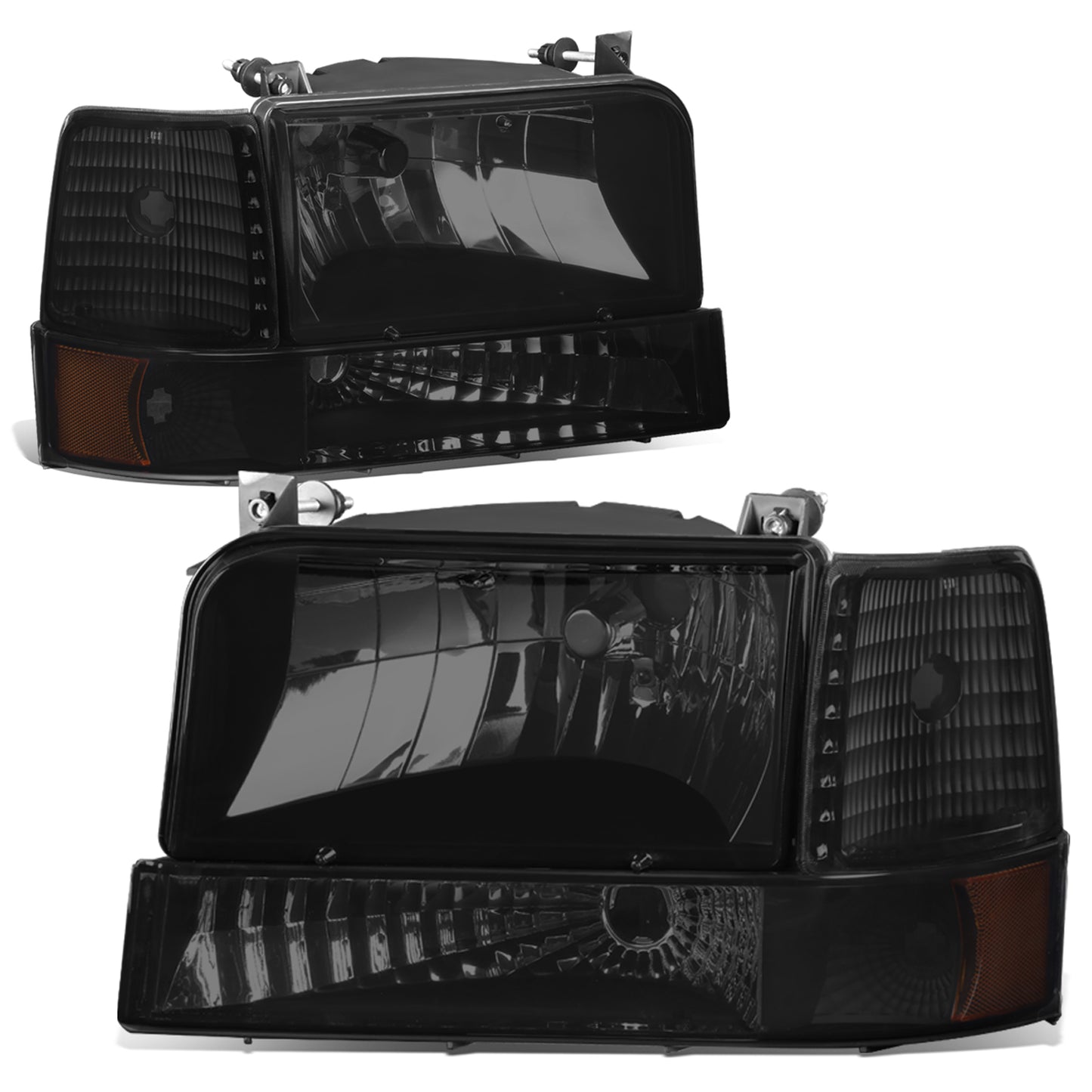 FAROS 92-96 FORD F-150, F-250, F-350, BRONCO 2/4-DR - 6PC - 9007 LOW BEAM / HIGH BEAM - 3157A TURN SIGNAL - BLACK HOUSING / SMOKE LENS / AMBER CORNER