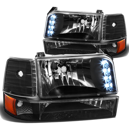 FAROS 92-96 FORD F-150, F-250, F-350, BRONCO 2/4-DR - 6PC - LED - 9007 LOW BEAM / HIGH BEAM - 3157A TURN SIGNAL - BLACK HOUSING / AMBER CORNER