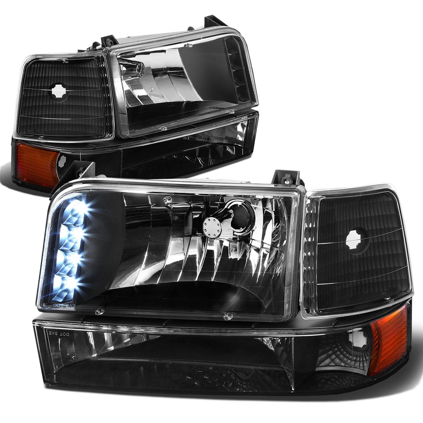 FAROS 92-96 FORD F-150, F-250, F-350, BRONCO 2/4-DR - 6PC - LED - 9007 LOW BEAM / HIGH BEAM - 3157A TURN SIGNAL - BLACK HOUSING / AMBER CORNER