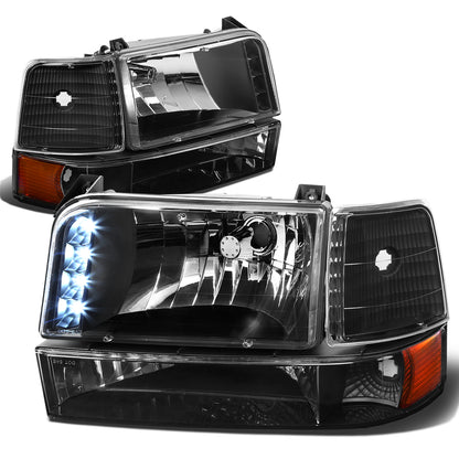 FAROS 92-96 FORD F-150, F-250, F-350, BRONCO 2/4-DR - 6PC - LED - 9007 LOW BEAM / HIGH BEAM - 3157A TURN SIGNAL - BLACK HOUSING / AMBER CORNER