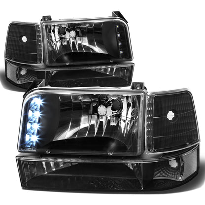 FAROS 92-96 FORD F-150, F-250, F-350, BRONCO 2/4-DR - 6PC - LED - 9007 LOW BEAM / HIGH BEAM - 3157A TURN SIGNAL - BLACK HOUSING / CLEAR CORNER