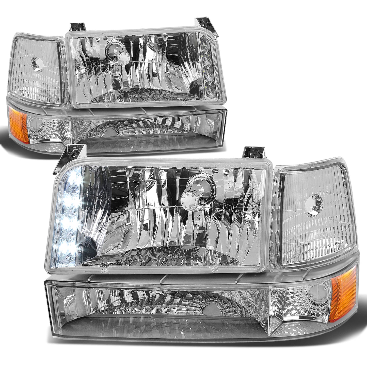 FAROS 92-96 FORD F-150, F-250, F-350, BRONCO 2/4-DR - 6PC - LED - 9007 LOW BEAM / HIGH BEAM - 3157A TURN SIGNAL - CHROME HOUSING / AMBER CORNER