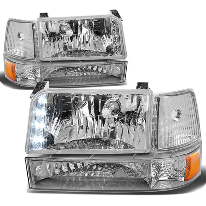 FAROS 92-96 FORD F-150, F-250, F-350, BRONCO 2/4-DR - 6PC - LED - 9007 LOW BEAM / HIGH BEAM - 3157A TURN SIGNAL - CHROME HOUSING / AMBER CORNER