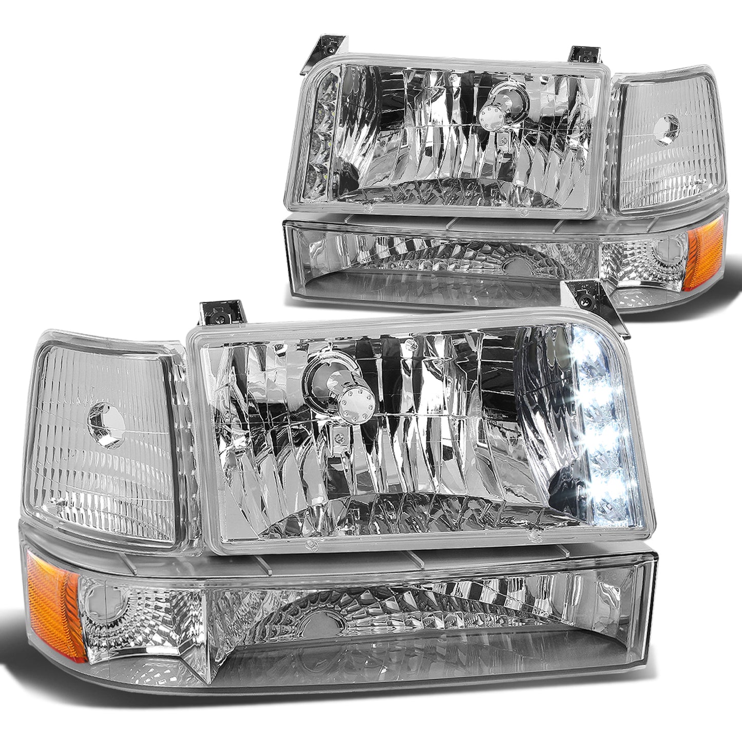 FAROS 92-96 FORD F-150, F-250, F-350, BRONCO 2/4-DR - 6PC - LED - 9007 LOW BEAM / HIGH BEAM - 3157A TURN SIGNAL - CHROME HOUSING / AMBER CORNER