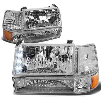FAROS 92-96 FORD F-150, F-250, F-350, BRONCO 2/4-DR - 6PC - LED - 9007 LOW BEAM / HIGH BEAM - 3157A TURN SIGNAL - CHROME HOUSING / AMBER CORNER