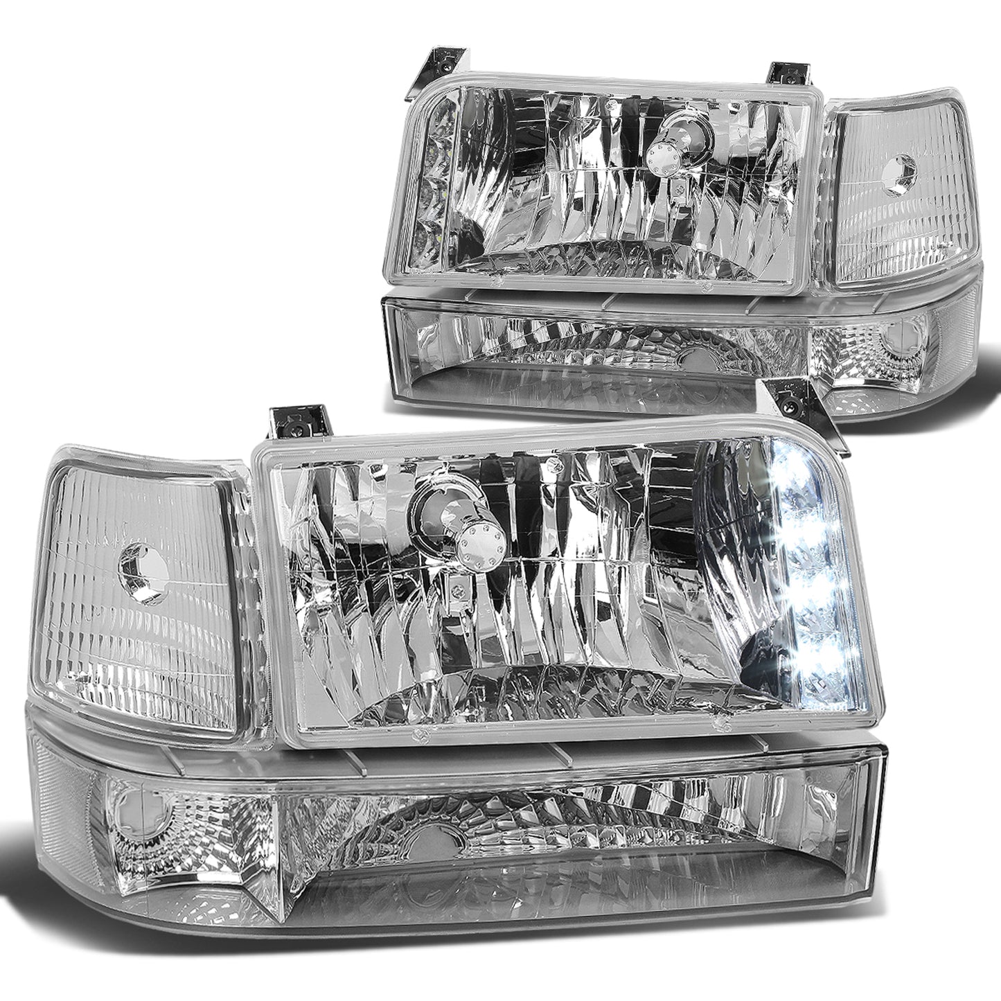 FAROS 92-96 FORD F-150, F-250, F-350, BRONCO 2/4-DR - 6PC - LED - 9007 LOW BEAM / HIGH BEAM - 3157A TURN SIGNAL - CHROME HOUSING / CLEAR CORNER