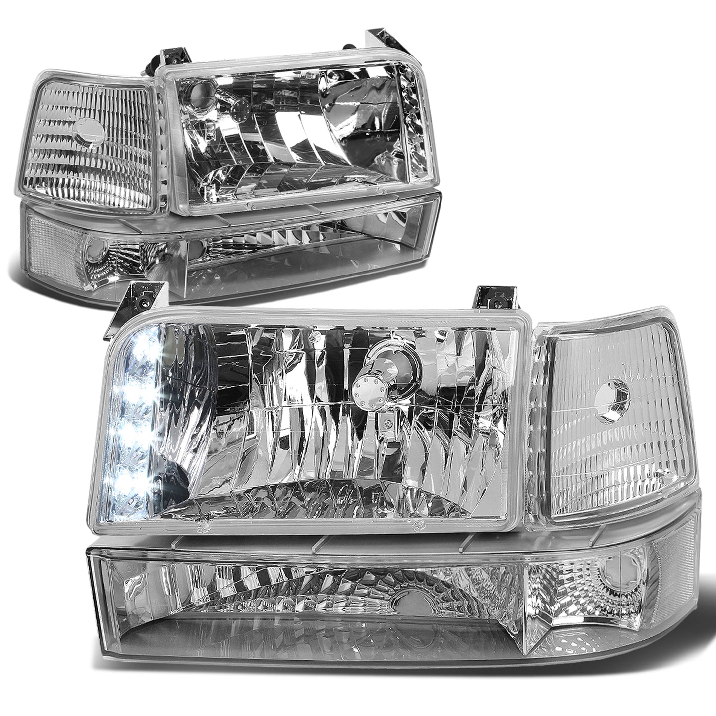 FAROS 92-96 FORD F-150, F-250, F-350, BRONCO 2/4-DR - 6PC - LED - 9007 LOW BEAM / HIGH BEAM - 3157A TURN SIGNAL - CHROME HOUSING / CLEAR CORNER