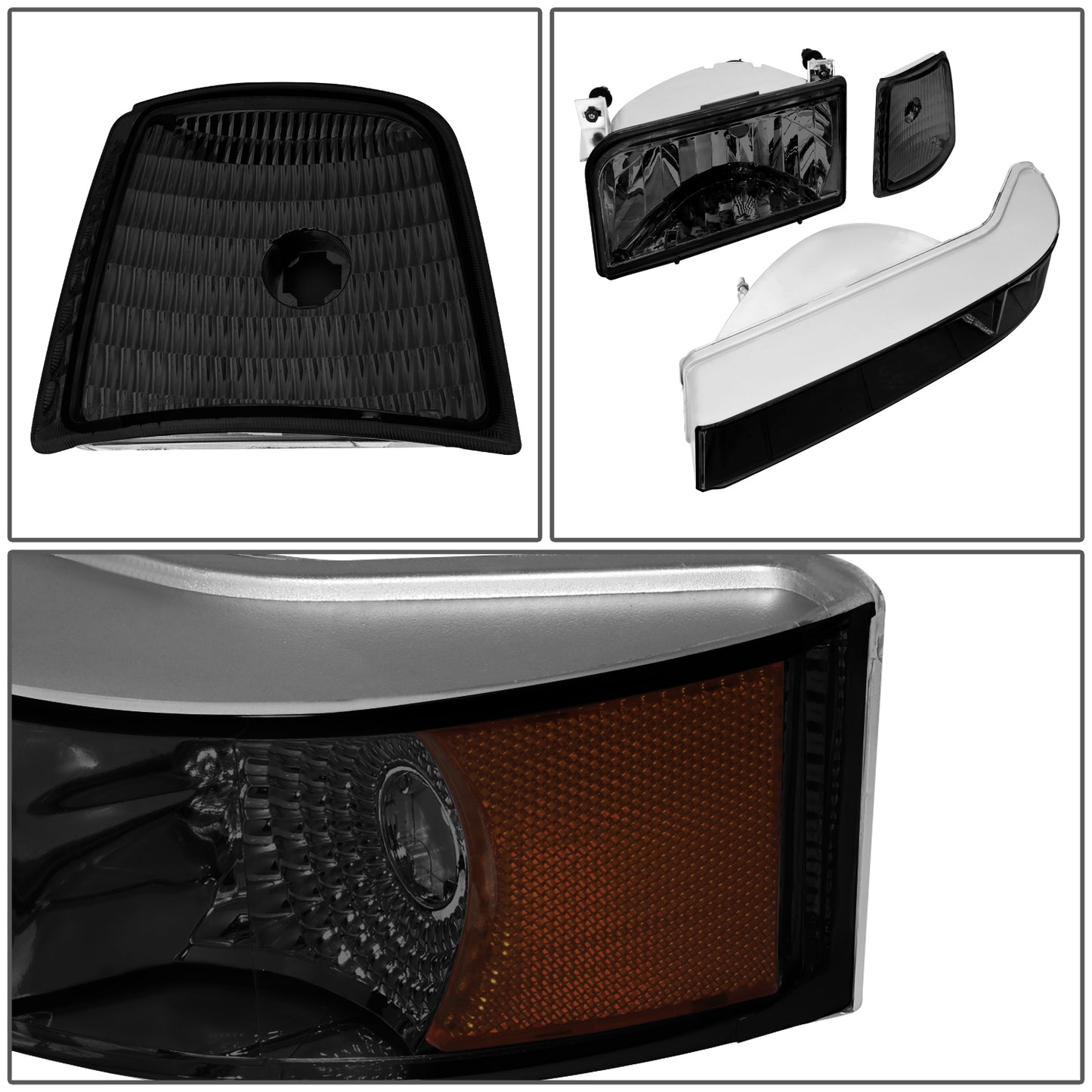 FAROS 92-96 FORD F-150, F-250, F-350, BRONCO 2/4-DR - 6PC - 9007 LOW BEAM / HIGH BEAM - 3157A TURN SIGNAL - SMOKE HOUSING / AMBER CORNER