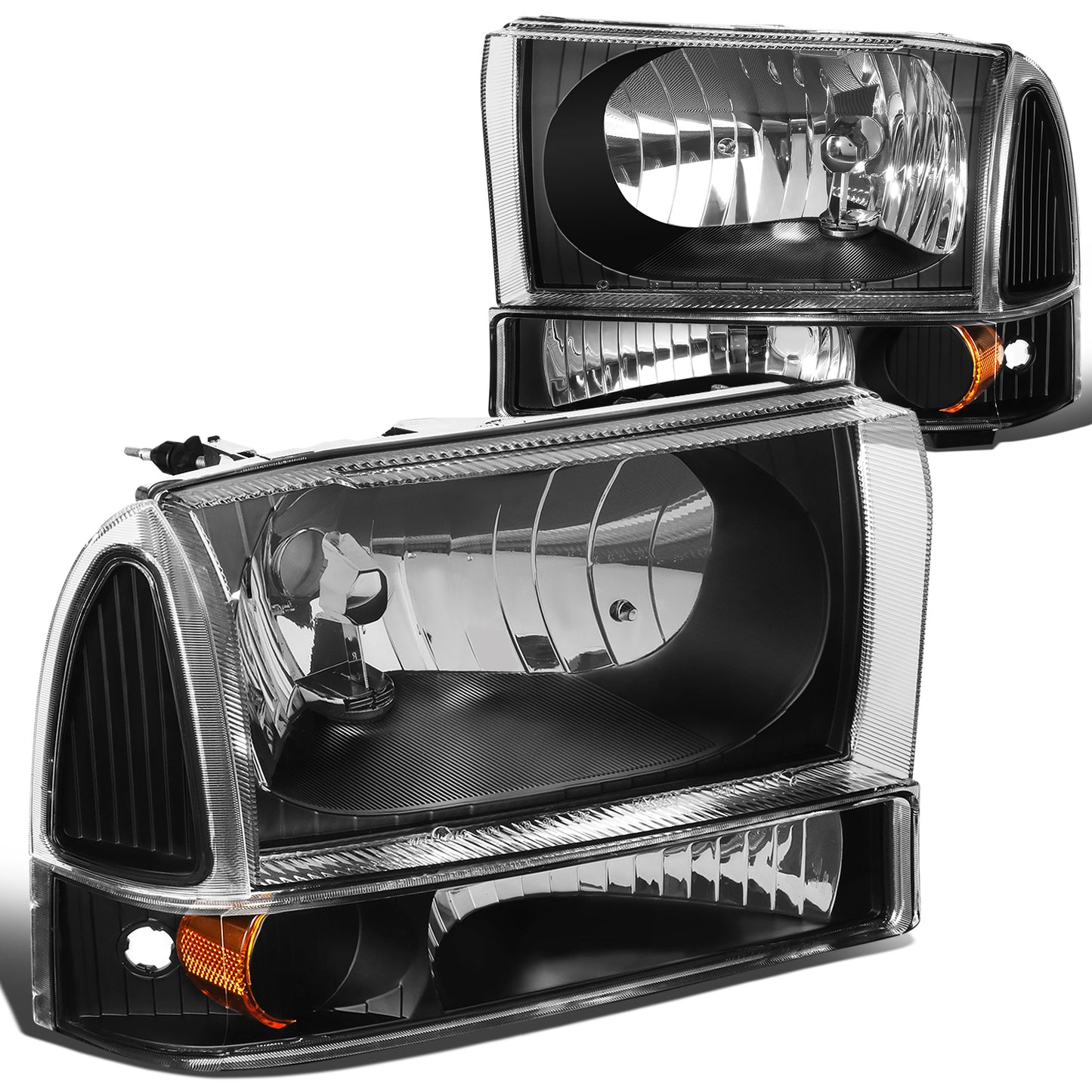 FAROS 99-04 FORD SUPER DUTY F-250, F-350, F-450, F-550 2/4-DR - 4PC - 9007 LOW BEAM / HIGH BEAM / 3157A TURN SIGNAL - BLACK HOUSING / AMBER CORNER