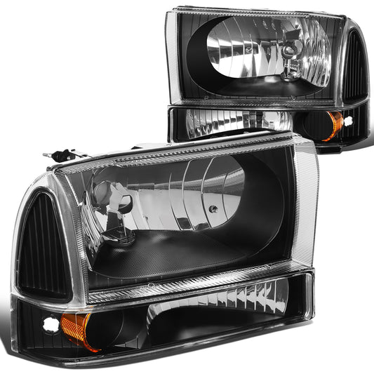 FAROS 99-04 FORD SUPER DUTY F-250, F-350, F-450, F-550 2/4-DR - 4PC - 9007 LOW BEAM / HIGH BEAM / 3157A TURN SIGNAL - BLACK HOUSING / AMBER CORNER