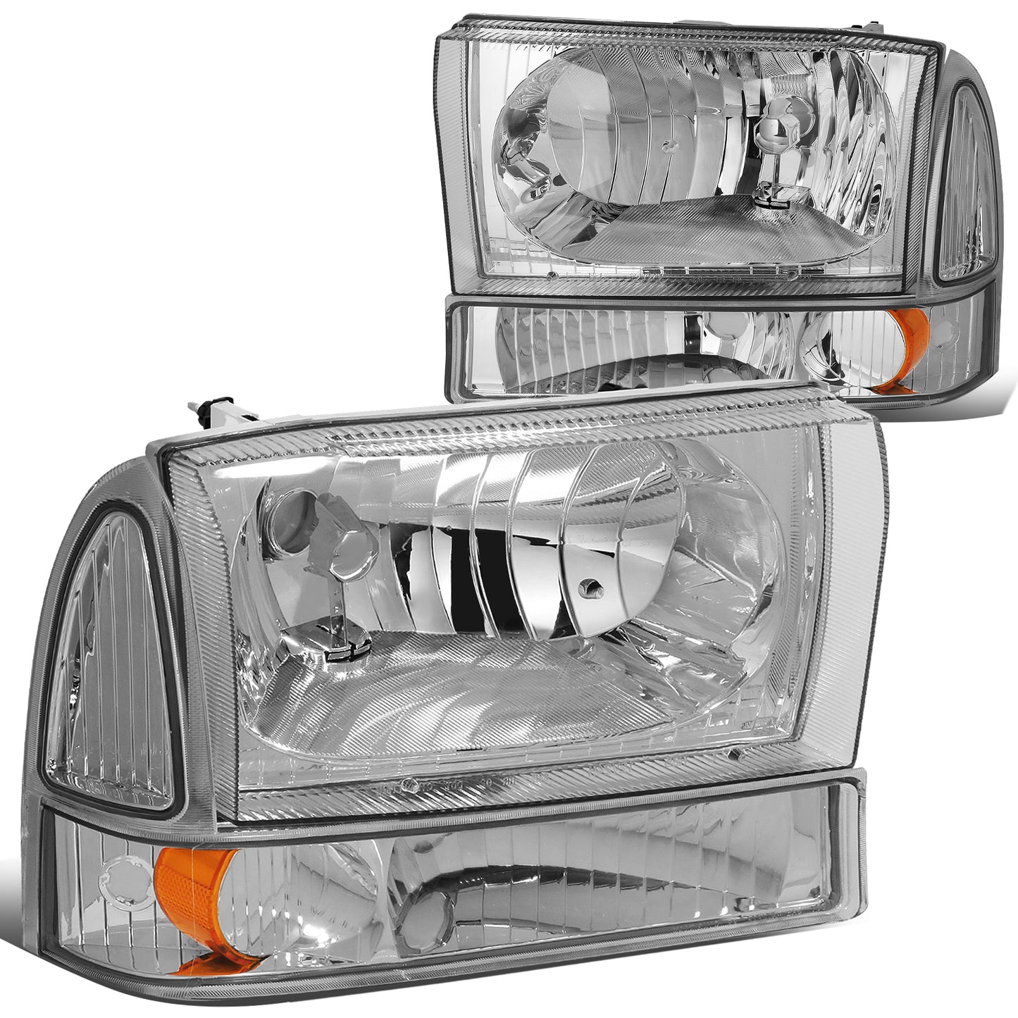 FAROS 99-04 FORD SUPER DUTY F-250, F-350, F-450, F-550 2/4-DR - 4PC - 9007 LOW BEAM / HIGH BEAM / 3157A TURN SIGNAL - CHROME HOUSING / AMBER CORNER