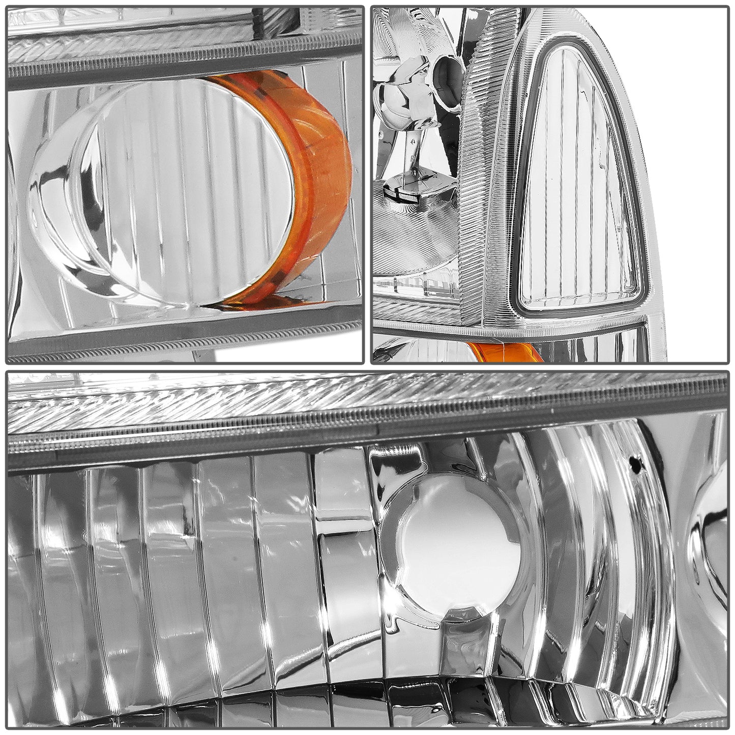FAROS 99-04 FORD SUPER DUTY F-250, F-350, F-450, F-550 2/4-DR - 4PC - 9007 LOW BEAM / HIGH BEAM / 3157A TURN SIGNAL - CHROME HOUSING / AMBER CORNER