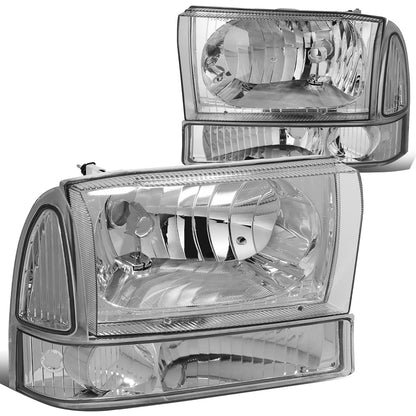 FAROS 99-04 FORD SUPER DUTY F-250, F-350, F-450, F-550 2/4-DR - 4PC - 9007 LOW BEAM / HIGH BEAM / 3157A TURN SIGNAL - CHROME HOUSING / CLEAR CORNER