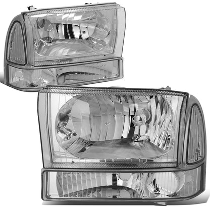 FAROS 99-04 FORD SUPER DUTY F-250, F-350, F-450, F-550 2/4-DR - 4PC - 9007 LOW BEAM / HIGH BEAM / 3157A TURN SIGNAL - CHROME HOUSING / CLEAR CORNER