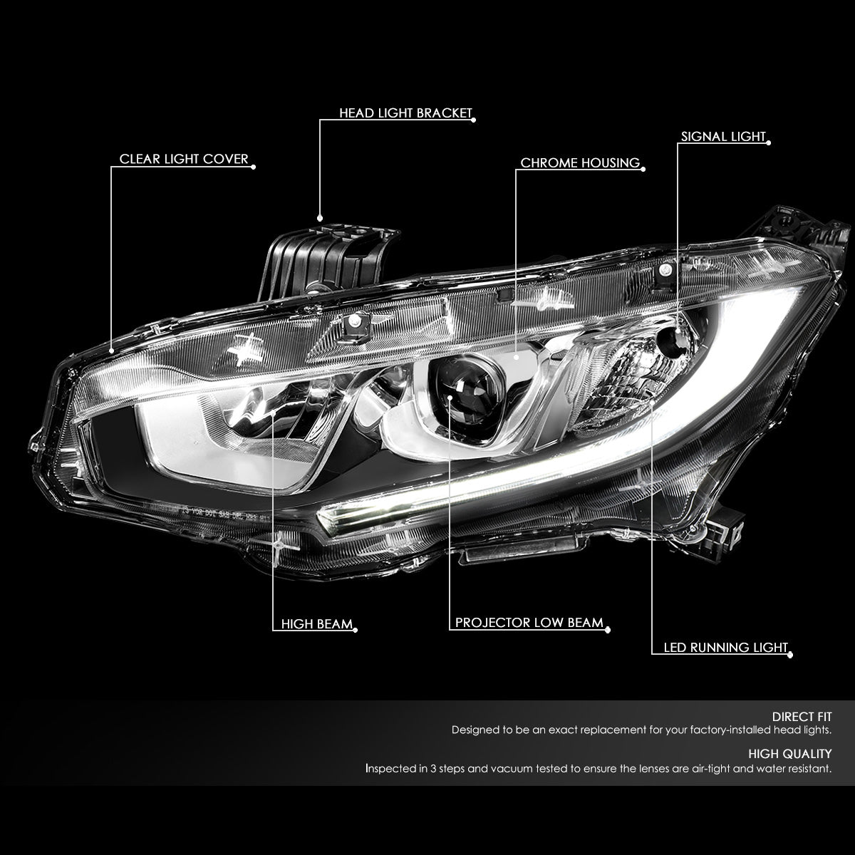 FAROS 16-18 HONDA CIVIC - H11 LOW BEAM / 9005 HIGH BEAM - CHROME HOUSING / CLEAR CORNER