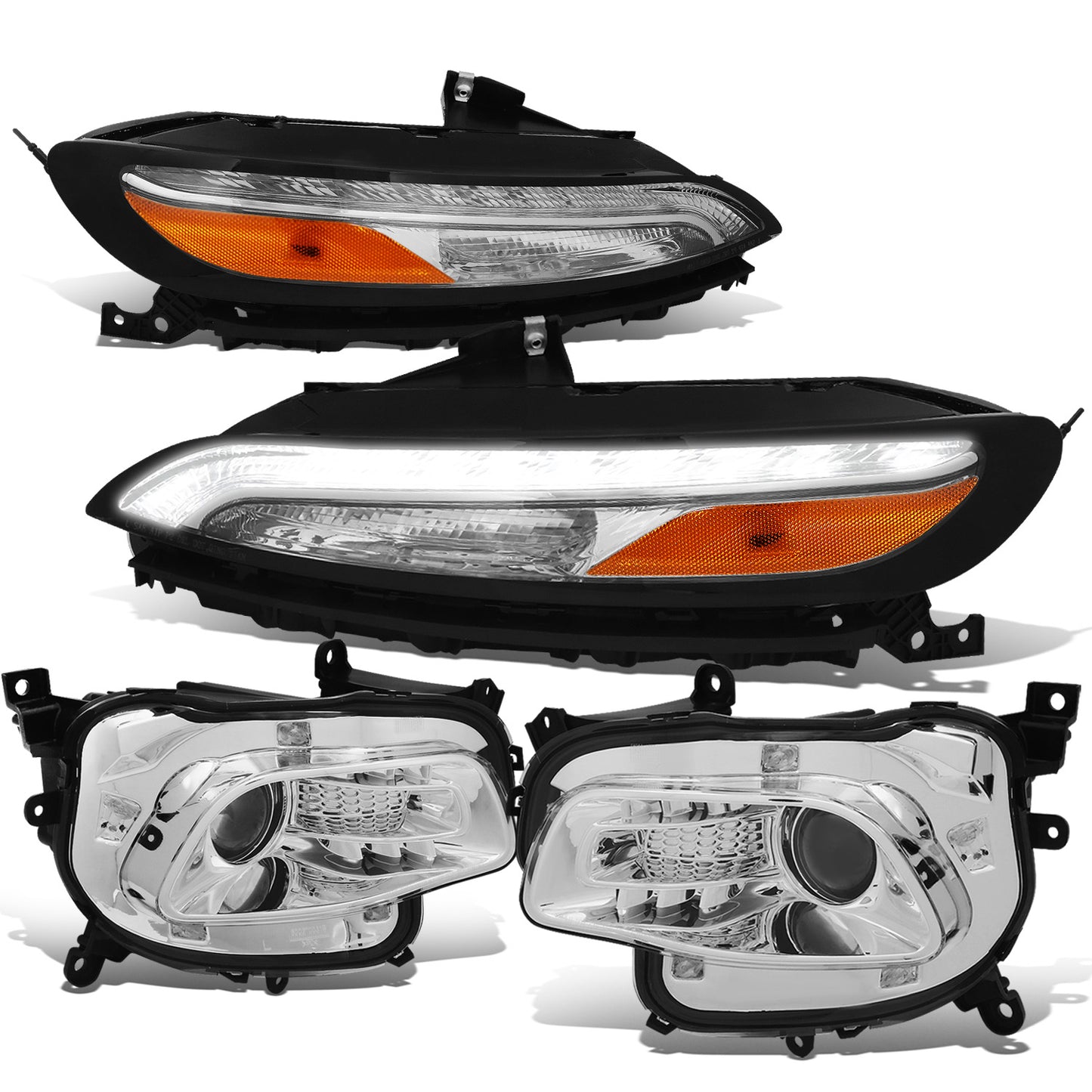 FAROS 14-18 JEEP CHEROKEE - FITS MODELS WITH FACTORY HALOGEN HEADLIGHTS ONLY. DOES NOT FIT HID MODELS - OE STYLE - LED DRL - PROJECTOR - 9005 LOW BEAM / HIGH BEAM,7440 SIGNAL, 194 MARKER - CHROME HOUSING / AMBER CORNER