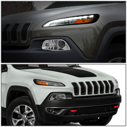 FAROS 14-18 JEEP CHEROKEE - FITS MODELS WITH FACTORY HALOGEN HEADLIGHTS ONLY. DOES NOT FIT HID MODELS - OE STYLE - LED DRL - PROJECTOR - 9005 LOW BEAM / HIGH BEAM,7440 SIGNAL, 194 MARKER - CHROME HOUSING / AMBER CORNER
