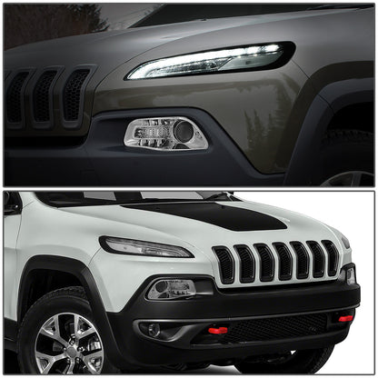 FAROS 14-18 JEEP CHEROKEE - FITS MODELS WITH FACTORY HALOGEN HEADLIGHTS ONLY. DOES NOT FIT HID MODELS - OE STYLE - LED DRL - PROJECTOR - 9005 LOW BEAM / HIGH BEAM,7440 SIGNAL, 194 MARKER - CHROME HOUSING / CLEAR CORNER