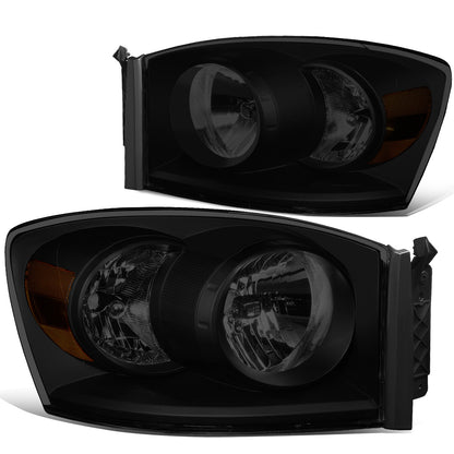 FAROS 06-08 DODGE RAM 1500 / 06-09 DODGE RAM 2500 , 3500 - FITS MODELS W/ HALOGEN HEADLAMPS ONLY - H13 LOW BEAM / HIGH BEAM - BLACK HOUSING / SMOKE LENS / AMBER CORNER