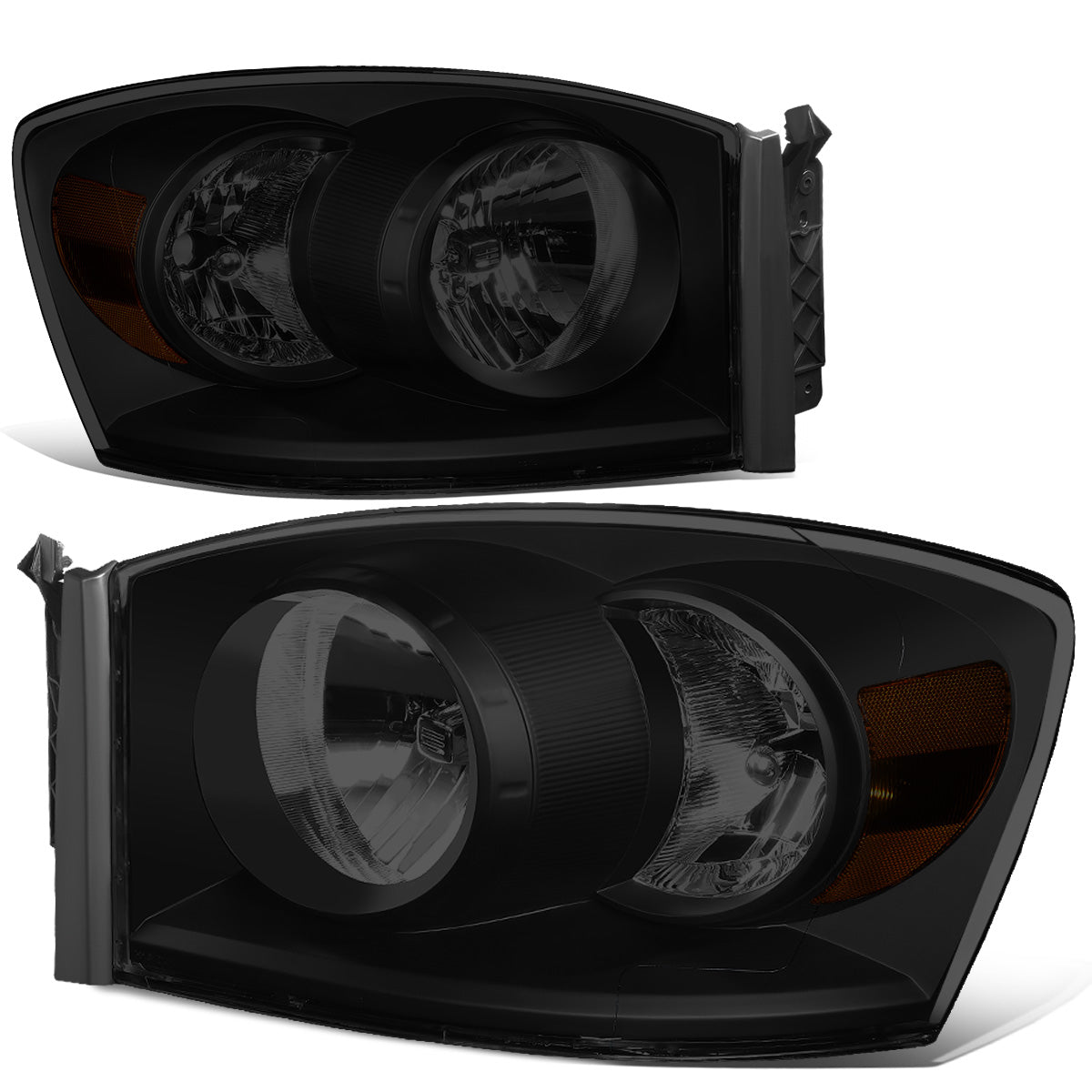 FAROS 06-08 DODGE RAM 1500 / 06-09 DODGE RAM 2500 , 3500 - FITS MODELS W/ HALOGEN HEADLAMPS ONLY - H13 LOW BEAM / HIGH BEAM - BLACK HOUSING / SMOKE LENS / AMBER CORNER