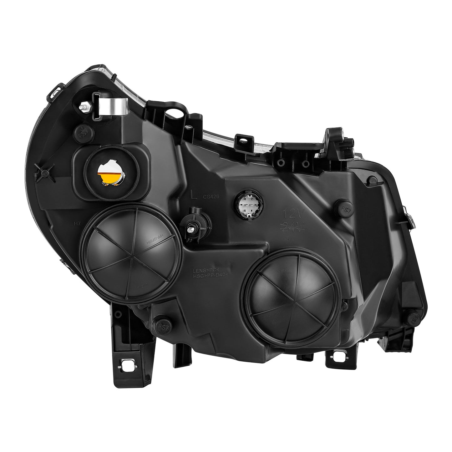 FAROS RAM PROMASTER 1500 2014-2022 / RAM PROMASTER 2500 2014-2022 / RAM PROMASTER 3500 2014-2022 - WITHOUT DAYTIME RUNNING LAMPS - OE STYLE - H7 LOW & HIGH BEAM / 2827 SIDE MARKER / 7443 TURN SIGNAL - BLACK HOUSING / AMBER CORNER