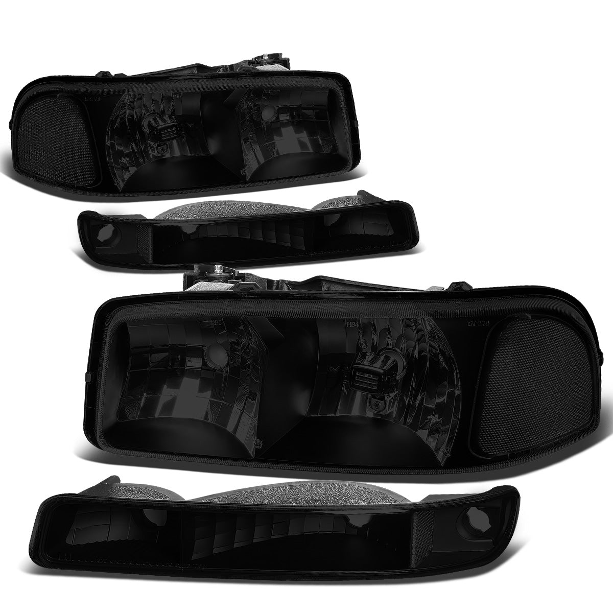 FAROS 99-07 GMC SIERRA 1500 / 99-04 2500 / 01-07 1500 HD/2500 HD/3500 HD / 99-06 YUKON / 00-06 YUKON XL 1500/2500 / 2001 SIERRA C3 - 4PC - 9005 LOW BEAM / HIGH BEAM - BLACK / SMOKE LENS / CLEAR CORNER