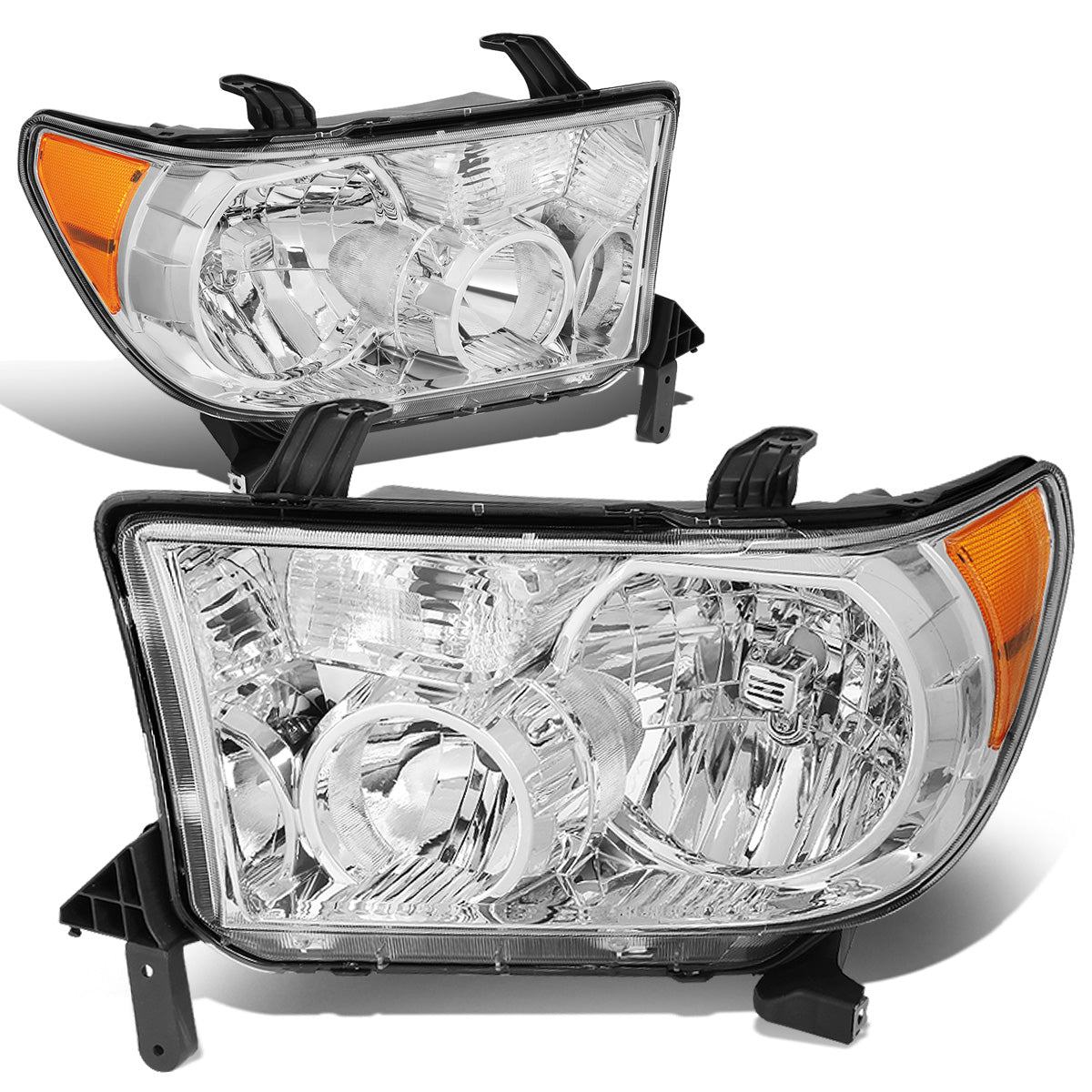 FAROS 07-13 TOYOTA TUNDRA / 08-17 TOYOTA SEQUOIA - DOES NOT FIT 09-12 TUNDRA W/ HEADLIGHT LEVEL ADJUSTER - DOES NOT FIT '12 SEQUOIA WITH HEADLIGHT WASHER - H11 LOW BEAM / 9005 HIGH BEAM / 4157NA TURN SIGNAL - CHROME HOUSING / AMBER CORNER