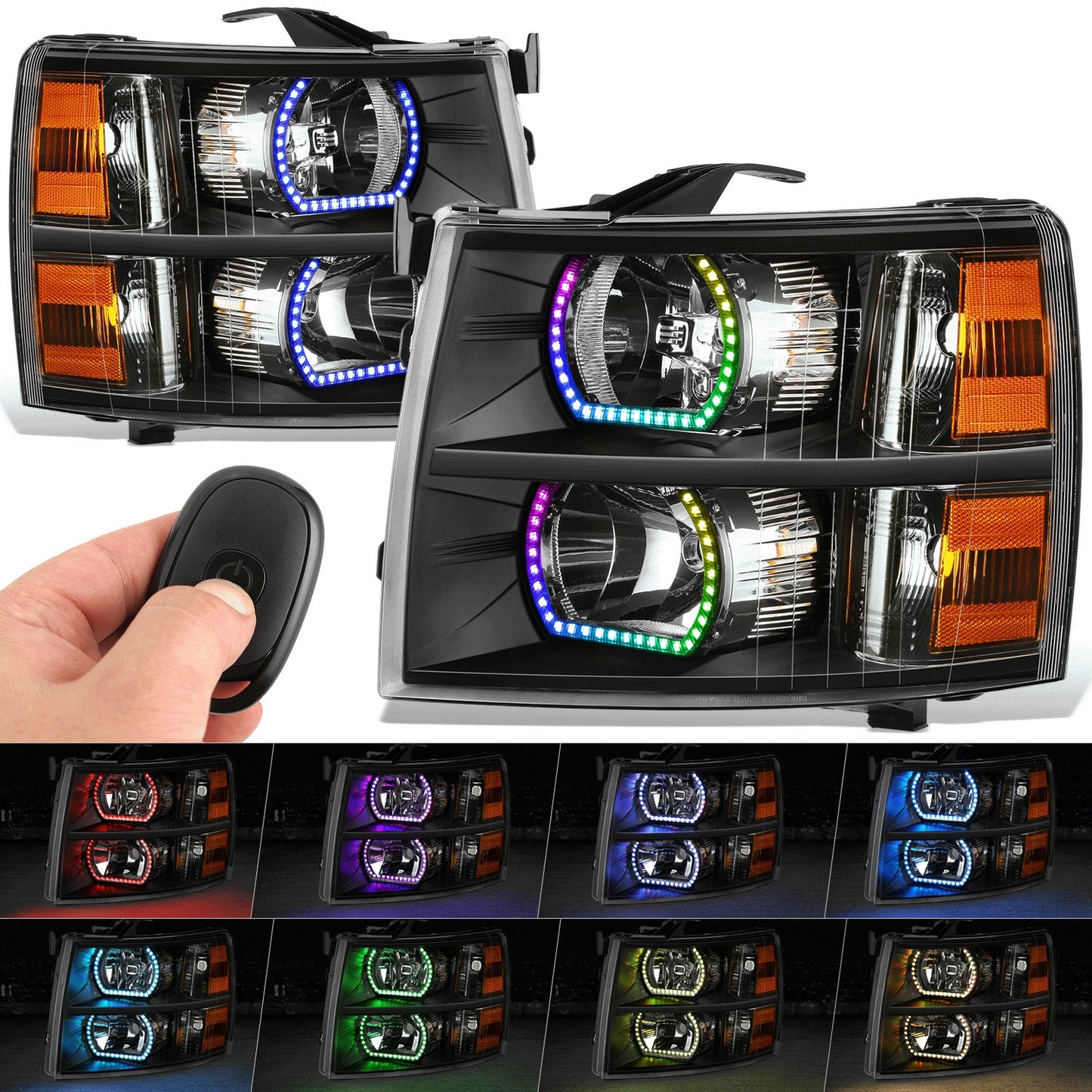 FAROS RGB LED - CHEVROLET SILVERADO 1500 2007-2013 / CHEVROLET SILVERADO 2500 3500 & HD MODELS - DOES NOT FIT 2007 OLD BODY CLASSIC MODELS - REQUIRES WIRING LEDS TO FACTORY WIRING HARNESS - FITS MODELS WITH FACTORY HALOGEN HEADLIGHTS ONLY - 9005 HIGH /