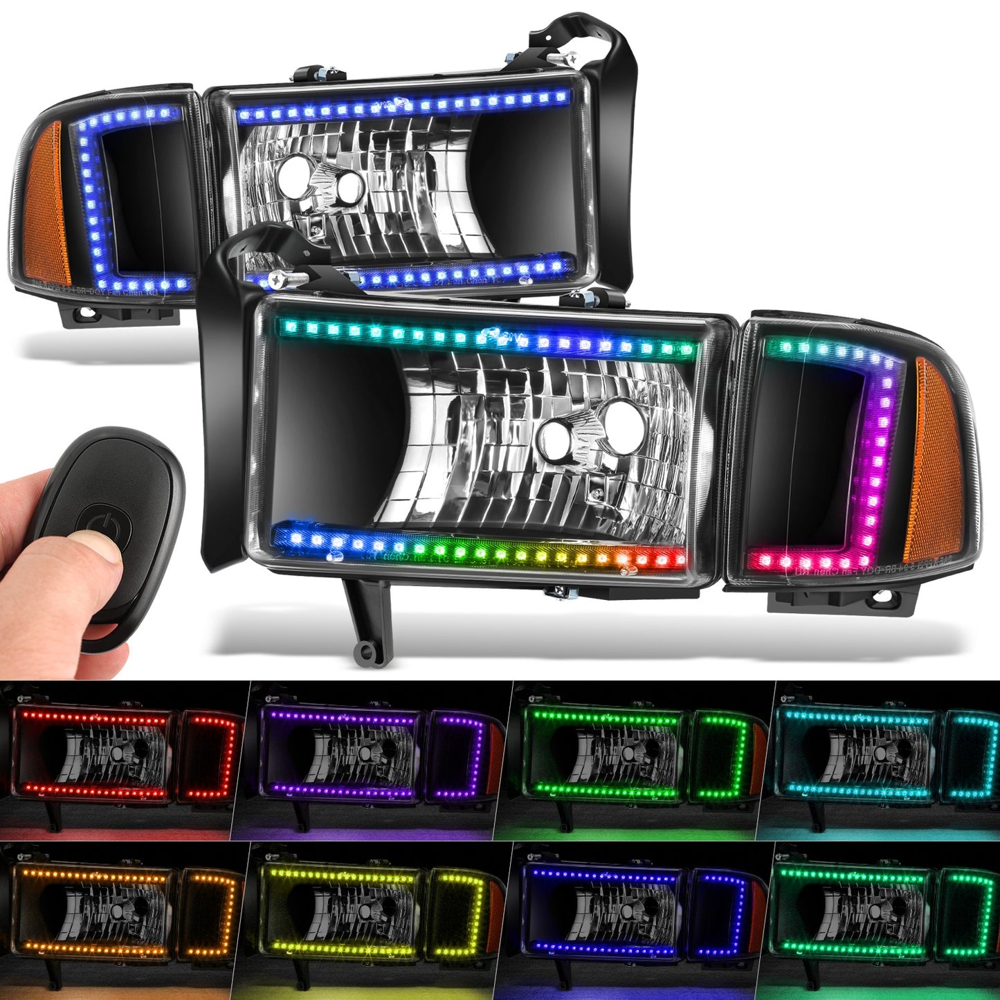 FAROS DODGE RAM 1500 1994-2001 / DODGE RAM 2500 1994-2002 / DODGE RAM 3500 1994-2002 - EXCLUDES SPORT MODELS - RGB LED LIGHT BAR - 9004 LOW BEAM / HIGH BEAM - BLACK HOUSING / AMBER CORNER