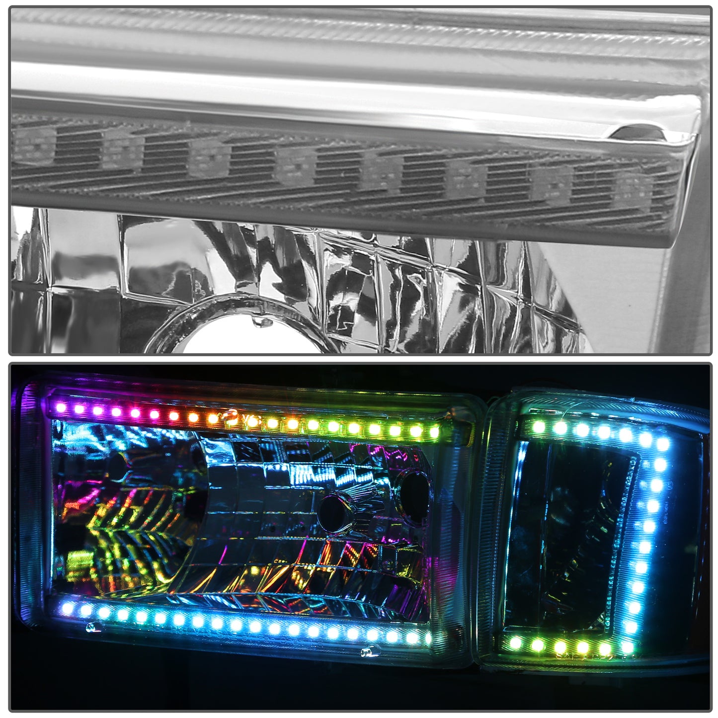 FAROS DODGE RAM 1500 1994-2001 / DODGE RAM 2500 1994-2002 / DODGE RAM 3500 1994-2002 - EXCLUDES SPORT MODELS - RGB LED LIGHT BAR - 9004 LOW BEAM / HIGH BEAM - CHROME HOUSING / AMBER CORNER